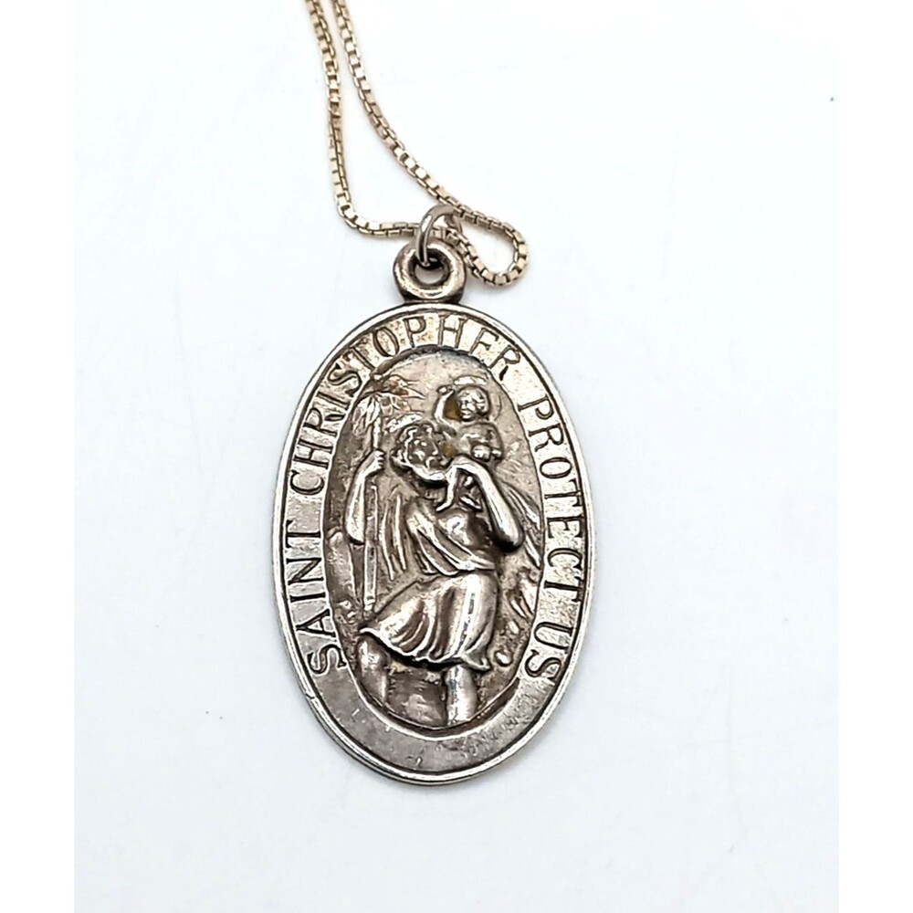 Vintage Sterling Silver St Christopher Protect Us Medal Pendant 8g 3D Signed
